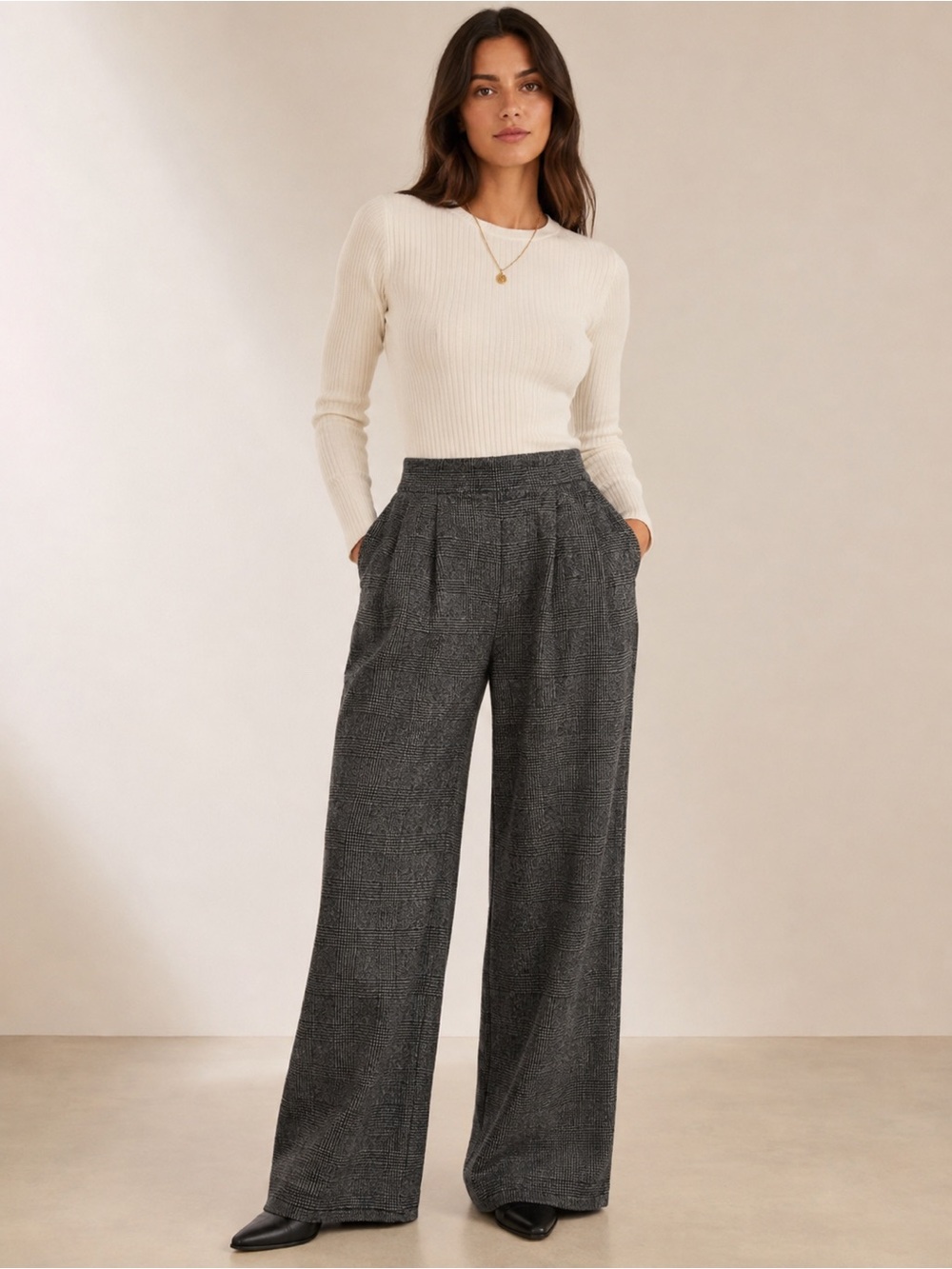 LESET Tweed Plaid Wide Leg Pants High Rise Gray Black Size S